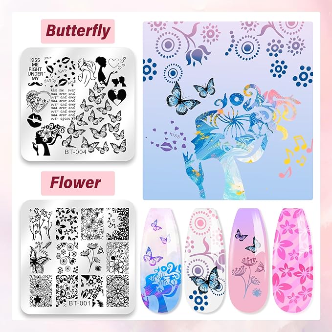 Biutee Nail Stamper Kit 12Pcs Nail Stamping Plate 8Pcs Stamping Gel Polish Nail Stamping Kit with Silicone Stamper Scraper Storage Bag Lace Plaid Stamp Template Holiday Gift for Women