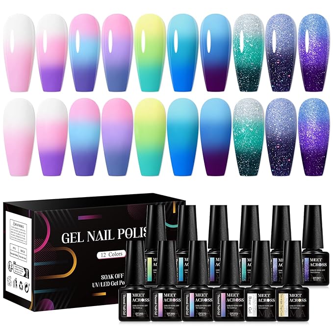MEET ACROSS 12PCS Color Changing Gel Nail Polish Kit, Temperature Changing Gel Polish Set, Fall Winter Colors Trendy Natural Nail Art Manicure Gel Polish For Salon And Home DIY