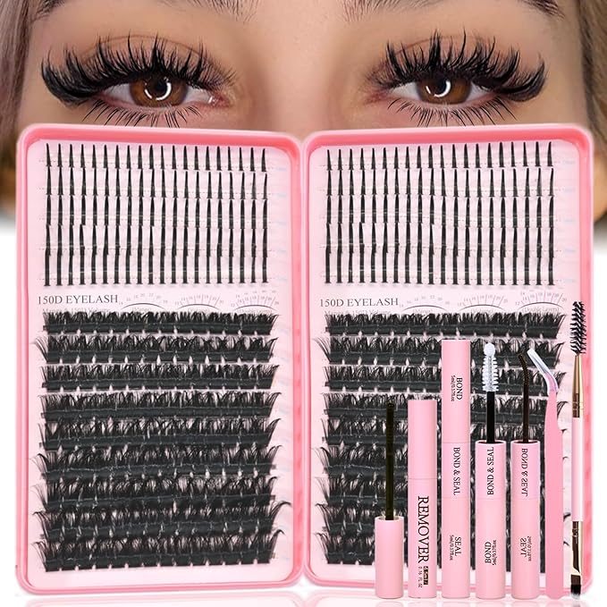 Lash Clusters Kit with Spikes, 150D+150D Eyelash Clusters Extensions Individual D Curl Fluffy Wispy False Eyelashes DlY Manga Lashes Extension Kit (12-22mm, Lash Clusters Kit)