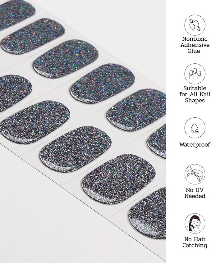 Nail Polish Strips (No UV Lamp Needed) - 22 Pcs Salon Quality Gel Nail Stickers - Long Lasting Wraps (Mystery Black Glitter)