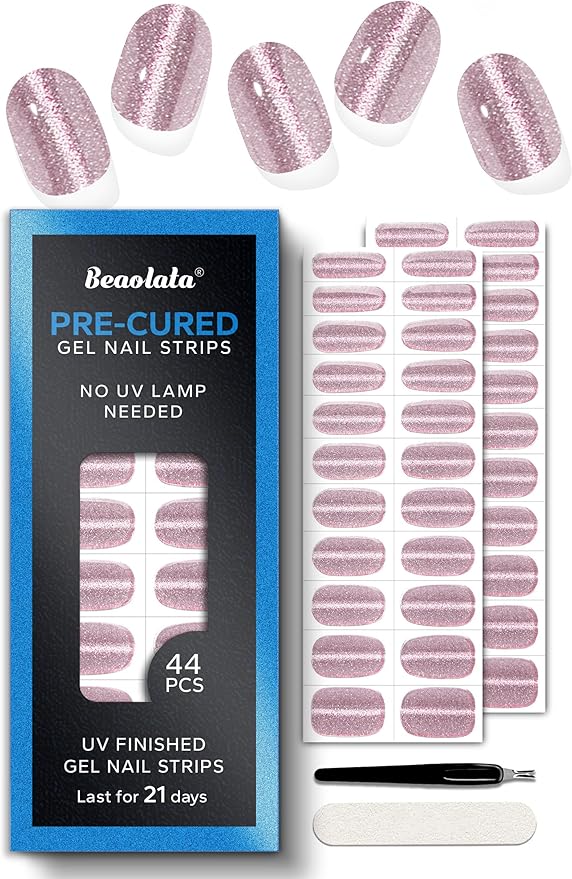 Real Gel Nail Strips (No UV Light Needed) - 44Pcs Salon Quality Nail Stickers - Long Lasting Polish Wraps for Women, Easy Apply & Remove (Line Glitter Pink)