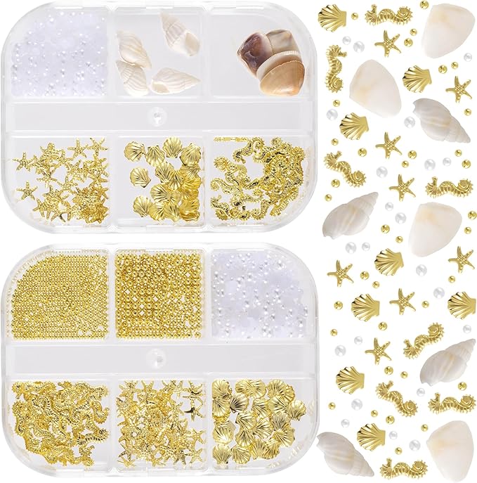 2 Boxes Ocean Nail Art Charms, 3D Metal Nails Stickers, Beach Starfish Seashell Decals Manicure DIY Embellishments for Women- Gold & White