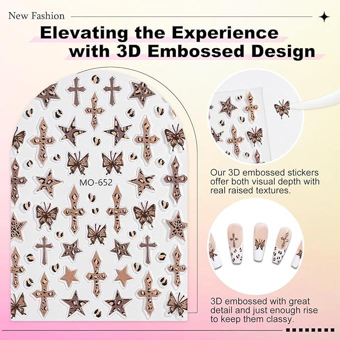 6 Sheets Leopard Print Cross Nail Stickers for Nail Art, Coquette Nail Decals,Leopard Flower Star Heart Butterfly 3D Self-Adhesive Nail Art Stickers Design for Women DIY Manicure Decoration YX1228