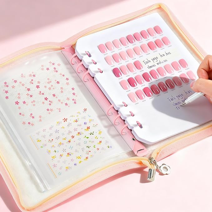 18PCS Press On Nail Organizer Clear Empty Press on Nail Packaging Set with 8 Insert Pages,8 nail double tape and 1 Zipper Pocket for Fake Nail Storage Nail Art Salon (pink)