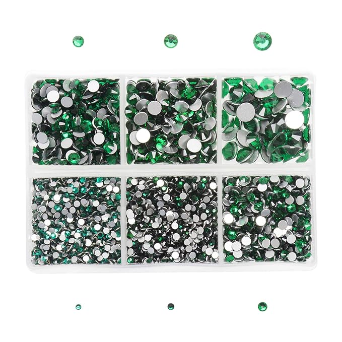 AD Beads 4300 Pieces Flat Back Nail Art Rhinestones Round Beads 6 Sizes (2-6.5mm) with Storage Organizer Box,Rhinestones Picking Pen for Nail Art Phone Decorations Crafts DIY (Emerald)