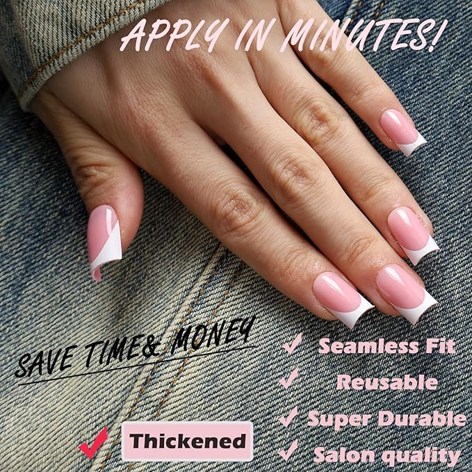 French Tip Press on Nails Short Square Full Cover Thick Fake Pre-shaped Acrylic Nail Tips, 5 Colors, Manicure Salon & DIY at Home 150 PCS 15 Sizes