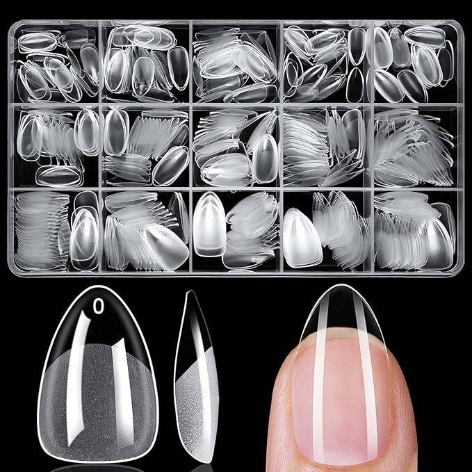 300pc Short Almond Gel Nail Tips Clear Fake Nail, Clear Press on Nails Short Almond Soft Gel Nail Tips XS Stiletto Acrylic Nails Full Cover False Nail Artificial Fingernail for Nail Extensions