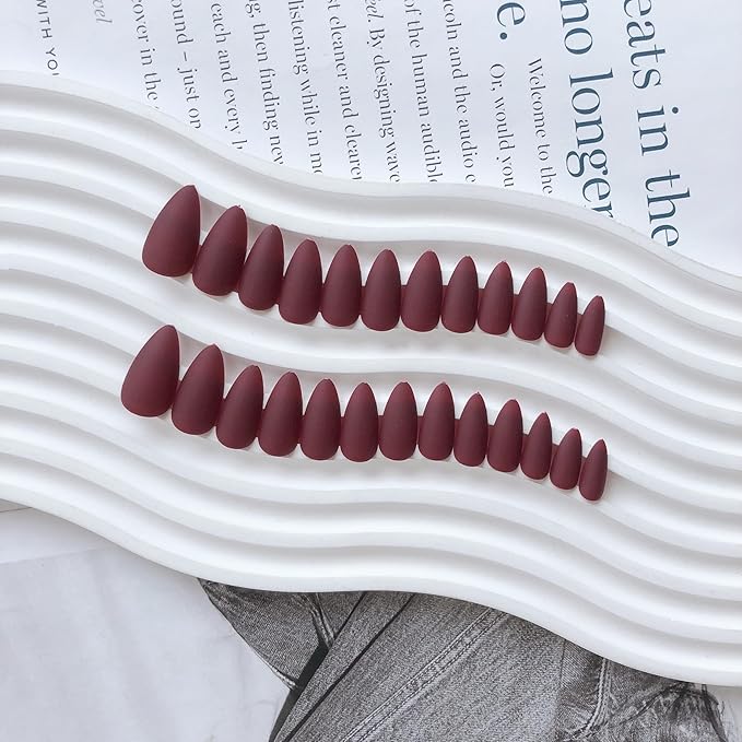 Matte Dark Red Press on Nails Almond Shaped Medium Almond Nails Press on Neutral Acrylic Nails Reusable Fake Nails for Women Glue on Nails Medium Stiletto False Nails Soft Gel Artificial Nails