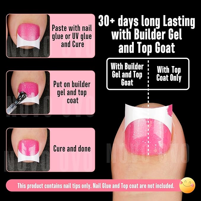 NOVO OVO Halloween Short Toe Nail Tips White French Tip with Moon Curve, ROSE PINK Thick Sharp Square Toenail Extension, Soft Gel False Nail Kit, Need Glue Builder Gel Top Coat x 15 Sizes 240 pcs
