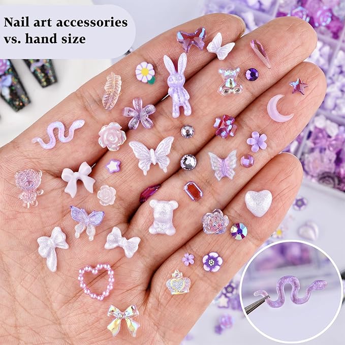 850 Pieces 3D Butterfly Rose Flower Bow Rabbit Bear Nail Charms Kit with Nail Art Rhinestones Pearls Crystal Gems Nail Slices for Manicure DIY Crafts Jewelry Accessories (Purple)