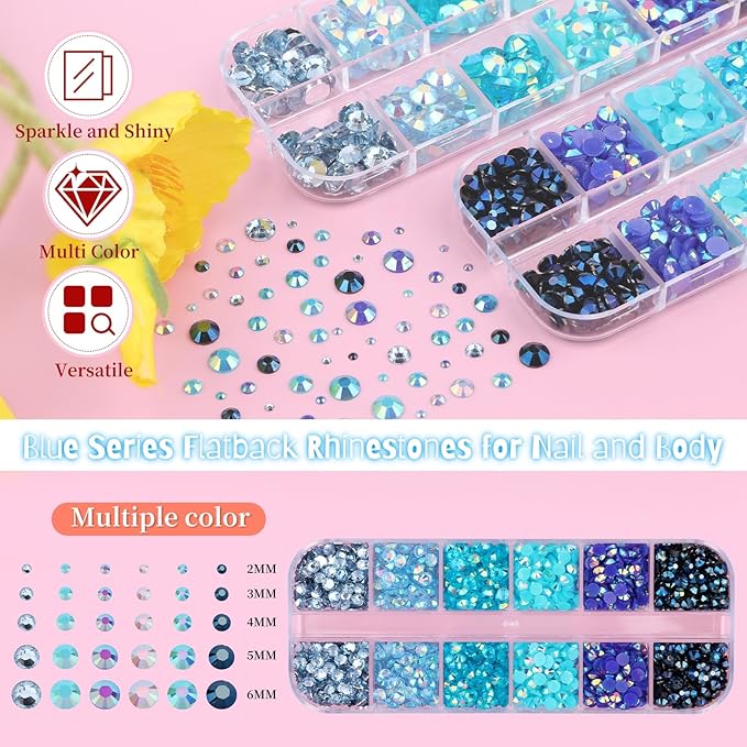 5 Boxes 12420pcs Sparkling Crystal Nail Rhinestones Kit, Flatback Multicolor Transparent Jelly AB Mermaid Gems with Pick Up Pen and Curved Tweezers for Manicure Salon & Craft DIY Designs (Blue)