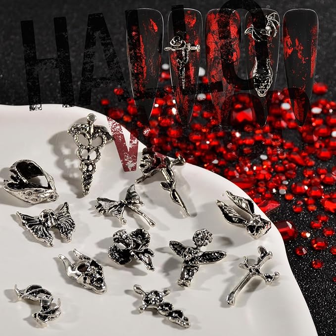 24Pcs/Box Halloween Nail Charms Decorations 3D Vintage Punk Skulls Cross Nail Art Charm Metal Alloy Halloween Nail Design for Manicure Craft DIY Nail Art Accessories