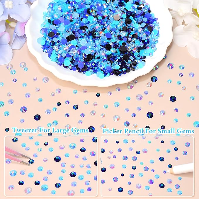 22300Pcs Blue Rhinestones for Bedazzling, 3mm-6mm Flatback Jelly Bedazzling Resin Gems, Blue Gems AB Bedazzling Kit for Crafting Nails Face Makeup Crafts Tumblers