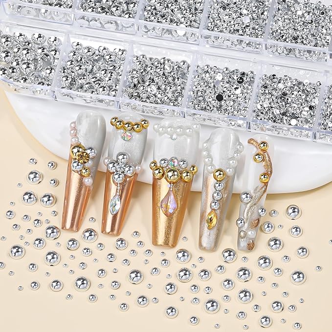 2160 Pcs Resin Half Round Pearls Kit, Mixed Sizes Flatback Silver Pearls, 3D Nail Decorations Pearls with Tweezers and Dual-end Brush for 3D Nail Crafts DIY, Face Makeup Gems Jewels(29-K1-2)