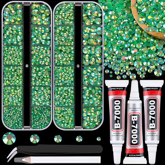 Resin Jelly Rhinestones for Crafting with B7000 Jewelry Glue, 2 Boxes Dark Green AB Flatback Crystals with 3Pcs 10ml Glue, Bedazzling Non Hotfix Gems for DIY Tumblers Clothing Shoes Manicure