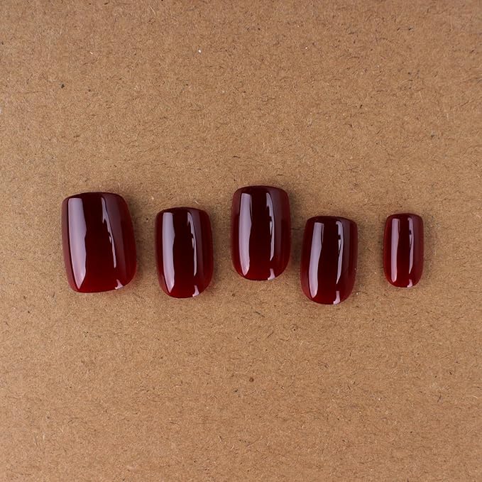 Burgundy Press On Nails Short Square Shape, Glossy Gel Finish Acrylic Fake Nails Kit, Reusable Glue On Nails, Long-Lasting, Natural Stick-On Manicure Set for Women, 24pcs DIY Elegant Nails
