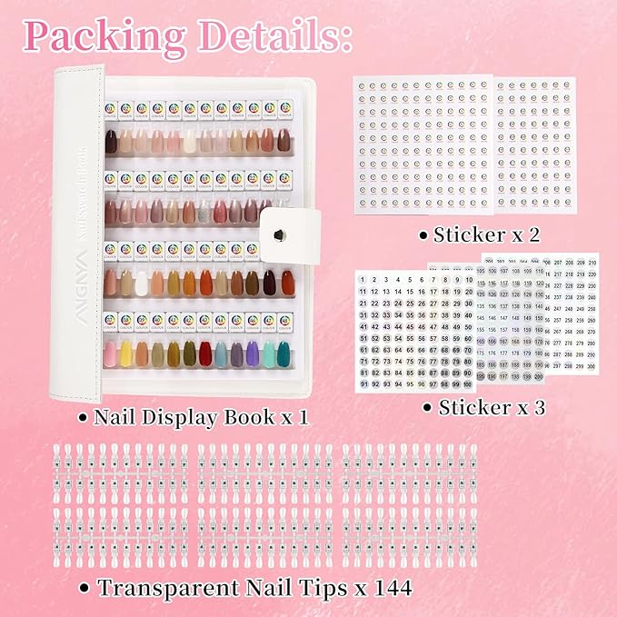 ANGNYA Magnetic Nail Swatch Book, 144 Nail Color Book Leather Nail Sample Display Book with144 Magnetic Tips & 1-240 Number Labels, Perfect for Professional Salon Nail Art Color Chart & Practice Stand