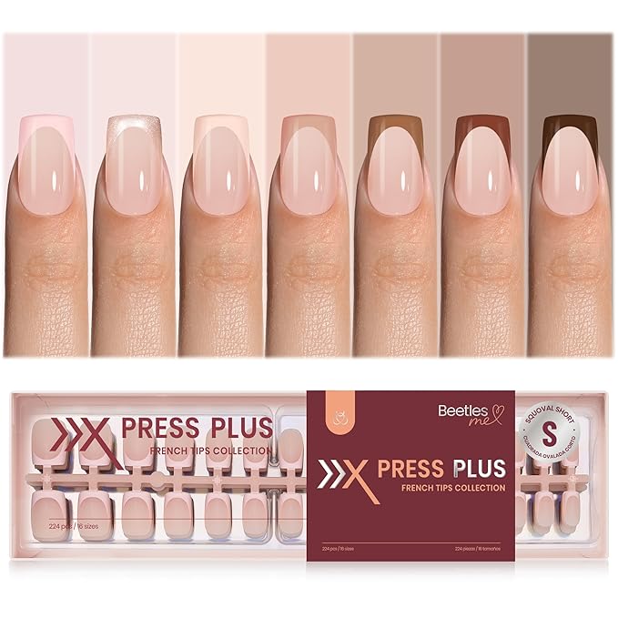 Beetles French Tip Press On Nails - Mocca Mousse French | 7 Colors Short Square Press On Nails Brown | 16 Sizes 224 Pcs Natural Salon Quality For Winter Nails