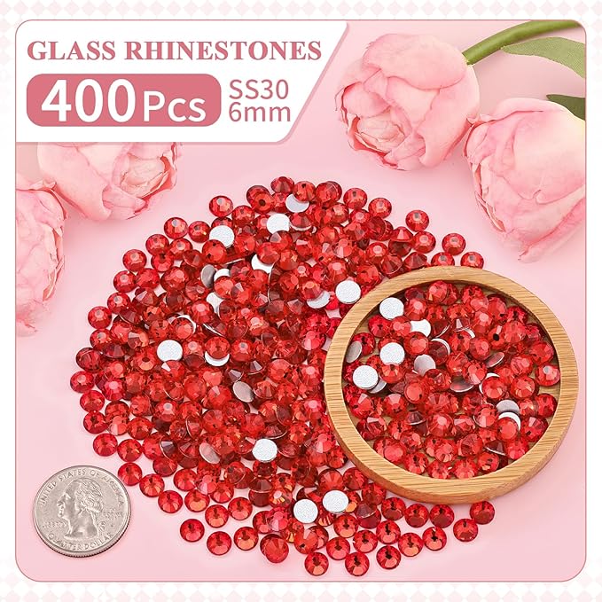 400PCS SS30/6mm Crystal Rhinestones (Light Red/Light Siam), Bedazzling Flatback Glass Rhinestones for Crafting, Gems Diomand for Tumbler Shoes Clothing Mugs Nail Art