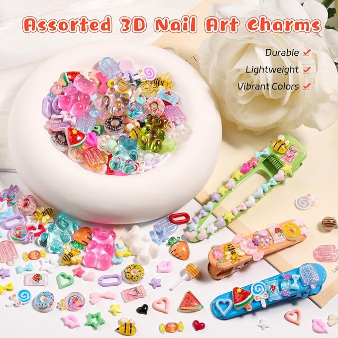 480PCS Jumbo Bear & Candy Nail Charms Kit, 3D Resin Hollow Hearts, Bees, Mini Bows for Acrylic Nails, Kawaii Nail Art Supplies with Tweezers for Nails Design, Crafts, Phone Cases Gifts