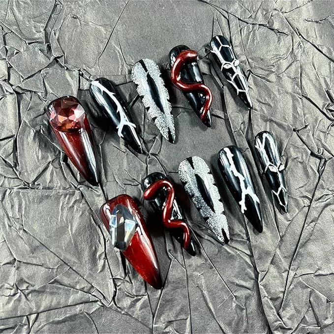 Press on Nails Handmade Nails 10Pcs Dark Gothic Style Manual Press on Nails Red Eyes Fake Nails for Women Party Holiday Photo Size L