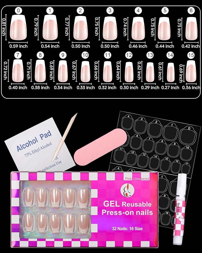 16 Sizes Coffin Press on Nails French Tip Chrome Reusable 32pcs Glossy Gel Fake Nails with Glue and Jelly Stickers (Glazed French)