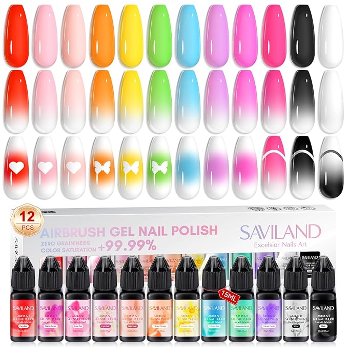 SAVILAND Airbrush Gel Nail Polish Hema-Free: Dilution-Free 12 Vitality Colors Airbrush for Nails Set Non-Acetone with Fine Mist Nail for Spray French & Ombre Nail Polish Nail Art Design Salon Kit