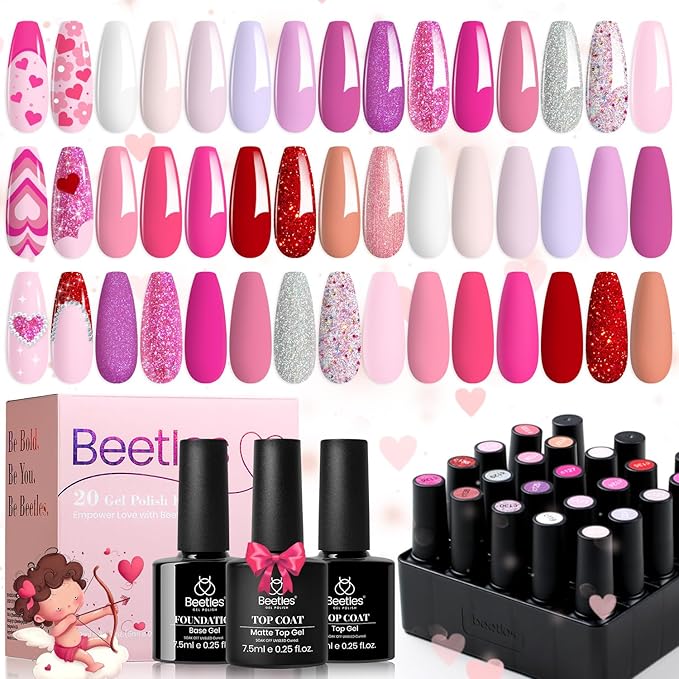 Beetles Pink Gel Polish Set Spring 20 Colors Hot Pink Alluring Sweetie Collection Nude Purple Glitter Red Uv Gel Manicure Kit with Base Glossy and Glitter Top Coat Gifts for Women