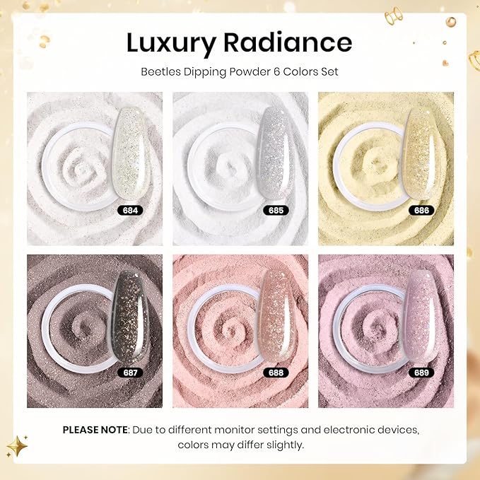 Beetles Dip Powder Nail Kit, 6 Colors Dipping Powder Nude White Pink Grey Yellow Glitter with Base Top Coat Activator and Tools All Season for French Nail Art DIY Home Manicure Salon Luxury Radiance
