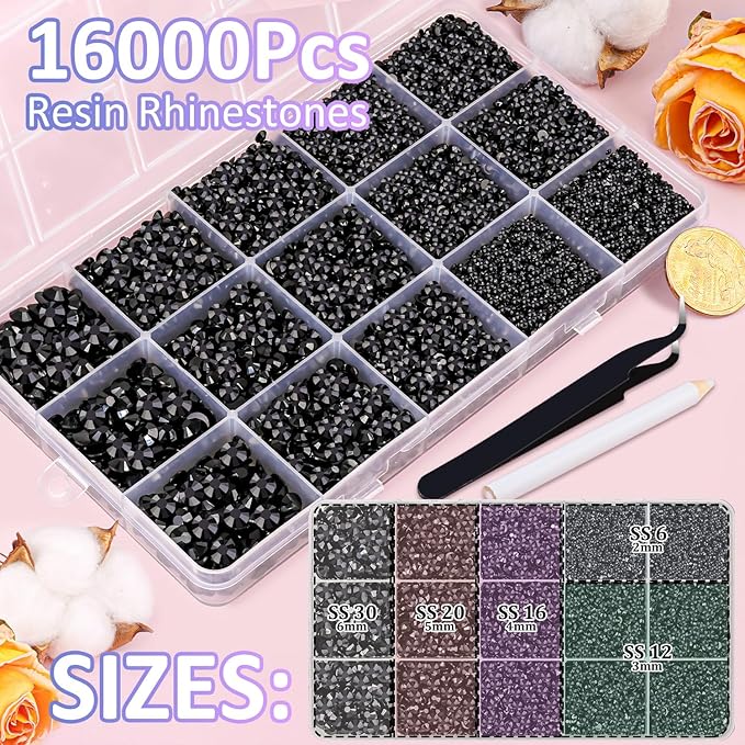 16000Pcs Resin Jelly Rhinestones for Crafting, Black Rhinestones Flatback Gems, Bedazzling Crystal with 3Pcs 10ml B7000 Jewelry Glue for DIY Crafts Clothing Tumblers Shoes Fabric Nail Art