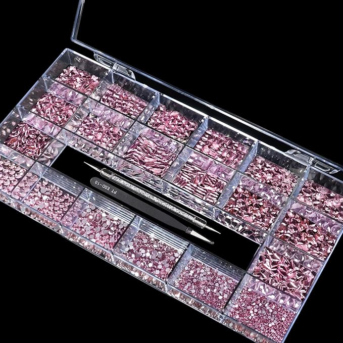 14 Types of 700 Pink Diamonds + 1500 Flat Rhinestones Mix 20 Styles Flatback DIY Crafts Rhinestone Crystals 3D Ornament‌s Flat Back Stones Set + Tweezers + Drill Pen