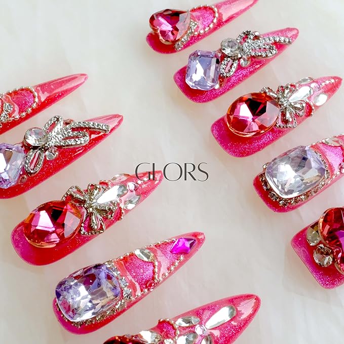 [GLORS] Luxury Press-On Nails, Pink Glitter False Nails with Rhinestones and Pearl Chain in Long Stiletto, 10 Pieces (M, LS)