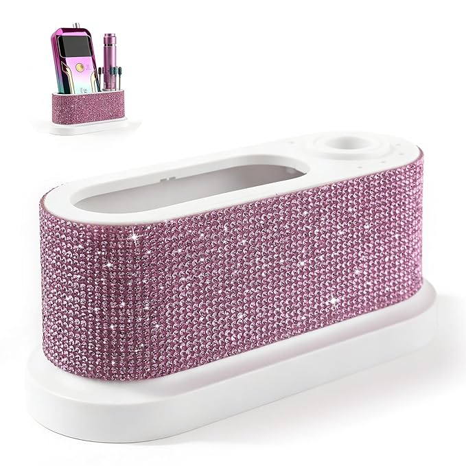 ANGNYA Nail Drill Machine Holder with Pink Rhinestones, 8 Holes Nail Drill Bit Holder, Nail Efile Stand and Organizer Storage Box Case