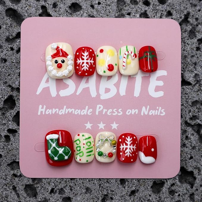 10Pcs Handmade Square Press on Nails Short Christmas Fake Nails Cute Christmas False Nails with Cartoon Old Man Snowflake Design Multi-Layer Acrylic Nails Press ons Xmas Glue on Nail for Women (M)