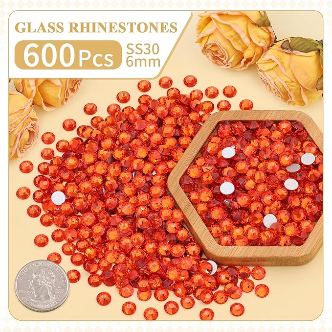 600PCS SS30/6mm Crystal Rhinestones (Orange/Hyacinth) with 2Pcs 10ml B7000 Jewelry Glue, Bedazzling Flatback Glass Rhinestones for Crafting, Gems Diomand Charms for Tumbler Shoes Clothing Nail Art