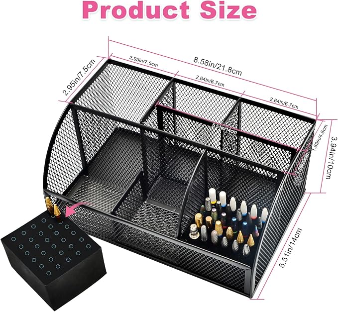 CGBE Nail Drill Bits Holder: 60 Holes Professional Drill Bit Holder for Nails - Mesh Metal Nail Tools Organizer Display Case - Nail Desk Organizer for Nail Tech - Black (Not Included Nail Drill)