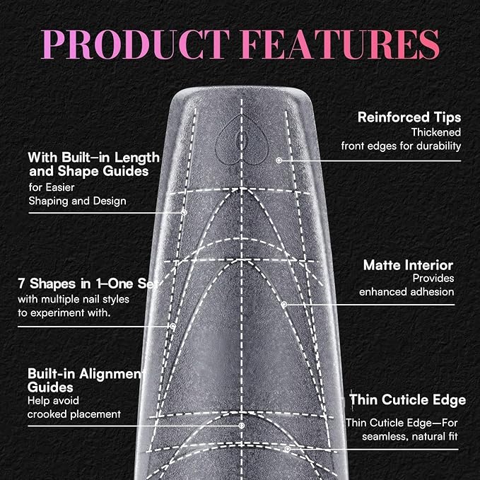 Makartt Extra Long Coffin Nail Tips with Length and Shape Guides, 240PCS 15 Sizes XXL Ballerina Full Cover Clear Matte False Nails with Alignment Scales for Press on Extensions DIY Manicure