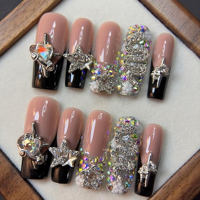 Handmade Press on Nails Long Square Fake Nails Black French Tip False Nails with Glue 3D Luxury Reusable Rhinestone Design Acrylic Nails Press Ons Sparkly Stick on Nail for Women 10Pcs(Size M)