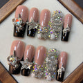 Handmade Press on Nails Long Square Fake Nails Black French Tip False Nails with Glue 3D Luxury Reusable Rhinestone Design Acrylic Nails Press Ons Sparkly Stick on Nail for Women 10Pcs(Size M)