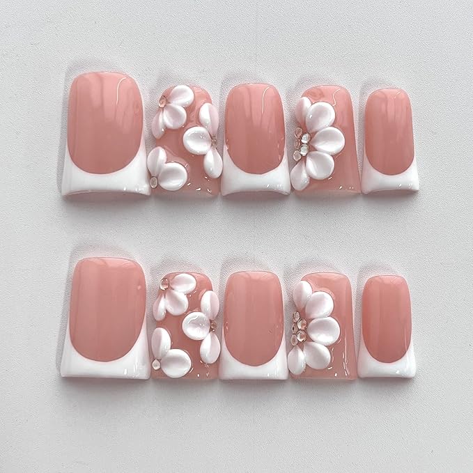 White French Tip Press on Nails Handmade Short Duck 3D Floral Thick Acrylic Nails Elegant False Nails with Flower Rhinestones Designs White Glossy Fake Nail Sturdy Wedding Art Press on Nail 10Pcs(S)