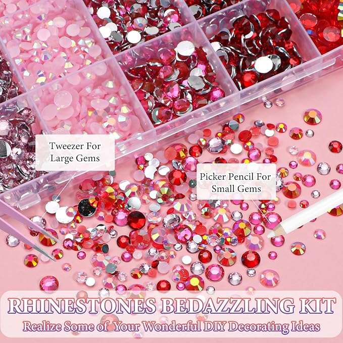 22300Pcs Red Pink Rhinestones for Bedazzling, 3mm-6mm Jelly Bedazzling Resin Gems, Hot Pink AB Gems Bedazzling Kit for Crafting Nails Face Makeup Crafts Tumblers