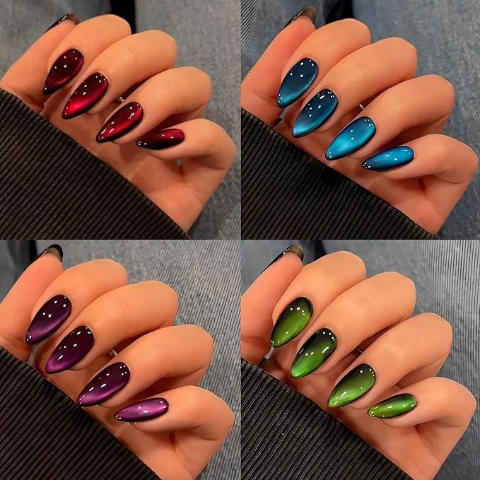 KQueenest 4 Packs Gel Press On Nails Almond, Cat Eye Press On Nails Medium Stiletto, Dark Fake Nails Press Ons Chrome Black, Glitter Glue on Nails for Women Party Prom, 96 Pcs Gift Kit