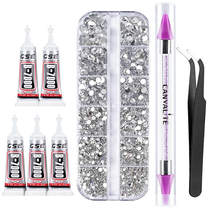 Canvalite 1500PCS Rhinestones Flat Back Gems, Nail Rhinestones Nail Art Gems with Pick Up Tweezers and Rhinestone Picker Dotting Pen, Nail Art Tools for Nails, Clothes, Face, Craft