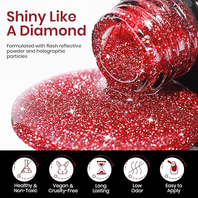 MIZHSE Reflective Glitter Gel Polish, 8 Colors Red Silver Reflective Gel Polish Holographic Christmas Shiny U V LED Soak Off Sparkly Gel Nail Polish for Nail Salon Home DIY Manicure
