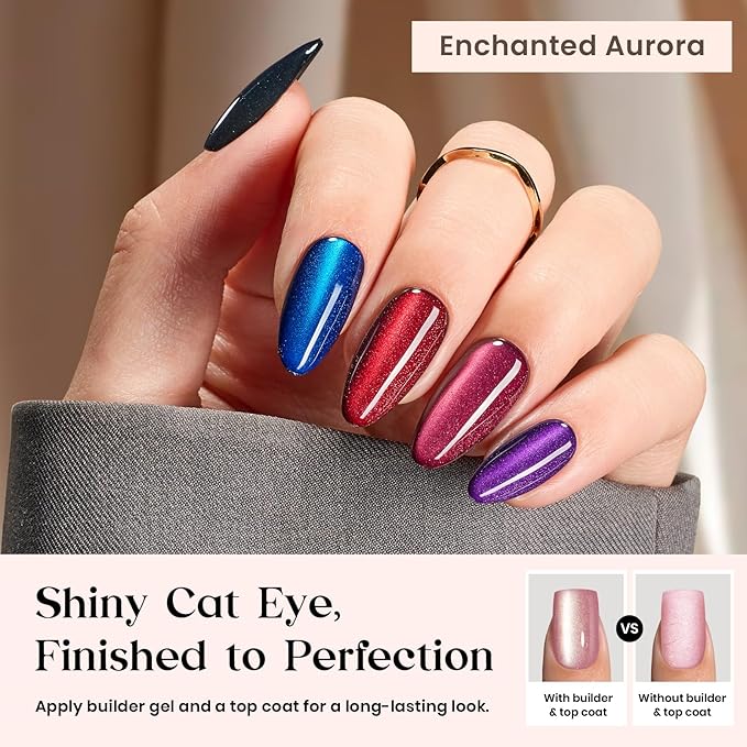Beetles Cat Eye Nails Kit - Enchanted Aurora | 7 Colors Cat Eye Press On Nails Medium Almond | 224Pcs 16 Sizes All-in-One Kit With Nail Glue,Remover,Builder Top Coat,Nail Lamp Gift