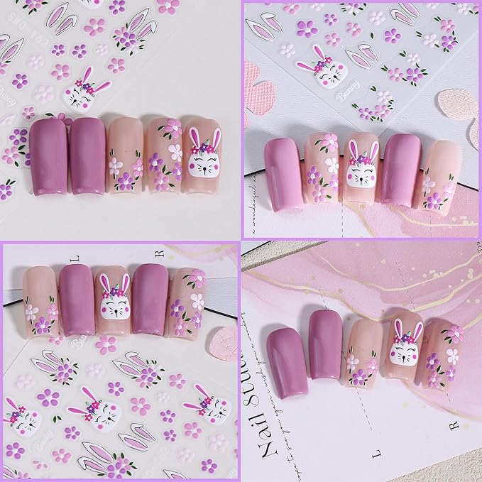 2 Sheets Easter Nail Stickers for Nail Art Cartoon Rabbit Nail Art Stickers Embossed Spring Flower Nail Decals 3D Self-Adhesive Rabbit Ears Flowers Easter Bunny Nail Design Decals for Women