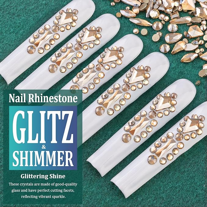 Multi Shapes Champagne 3D Glass Crystal Nail Art Rhinestones Kit with Flatback Round Bead Charm Gem Stone Jewelry Diamond with Pickup Pen + Tweezer for Manicure Makeup DIY Craft Decoration