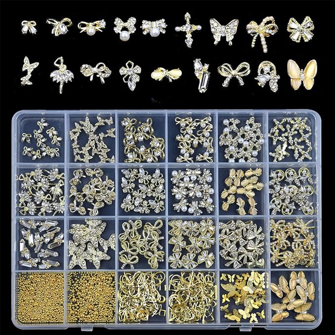 1 Box Nail Shinning Rhinestones Jewelry Diamond 3D Alloy Bow Butterfly Nail Art Zircon Pearl Gold Beads Manicure Nails DIY Accessories Nail Decoration Mix Metal Rivets Studs