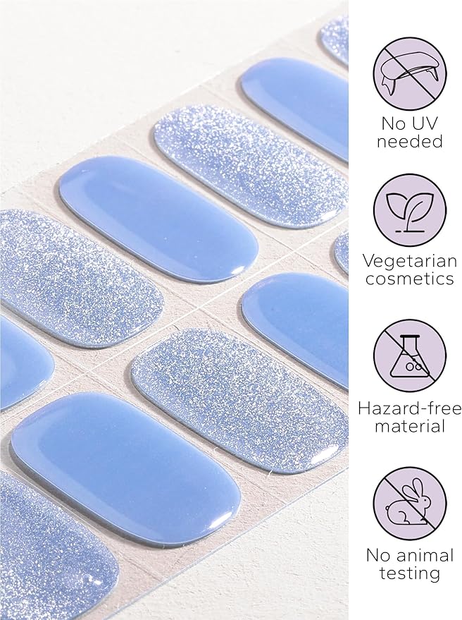 Nail Polish Strips – 32PCS UV Free Salon Quality Wraps, Long Lasting Gel Nail Stickers for Women (Glacial Blue Glitter)