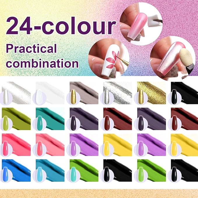 Gradient Painting Gel, 24 Gliter Colors Ombre Gel Nail Polish for Pigment Pat Silver&Gold Aura Nails, French Manicure DIY Nail Art Long-lasting No-wipe Palette A